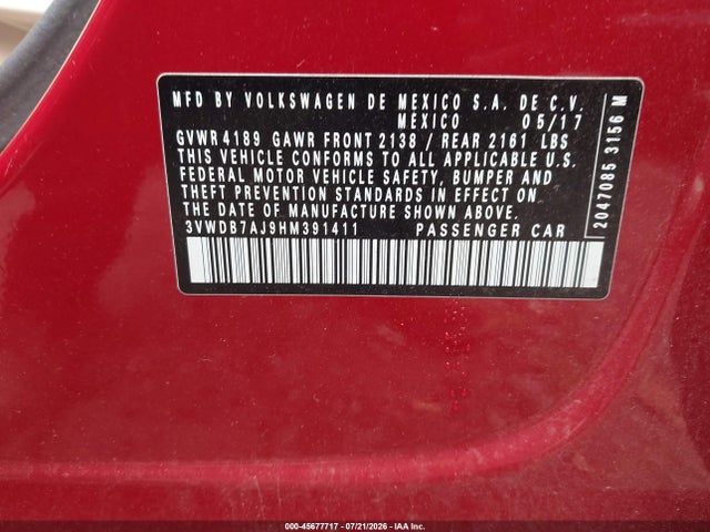 Продаж на аукціоні авто 2017 Volkswagen Jetta 1.4t Se, vin: 3VWDB7AJ9HM391411, номер лоту: 45677717