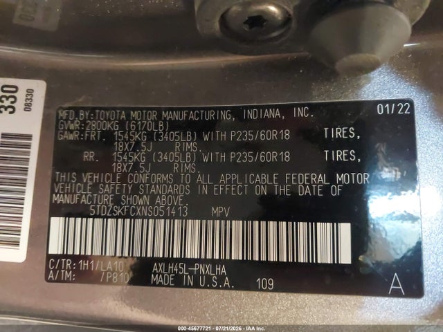 2022 Toyota Sienna Limited მანქანა იყიდება აუქციონზე, vin: 5TDZSKFCXNS051413, აუქციონის ნომერი: 45677721