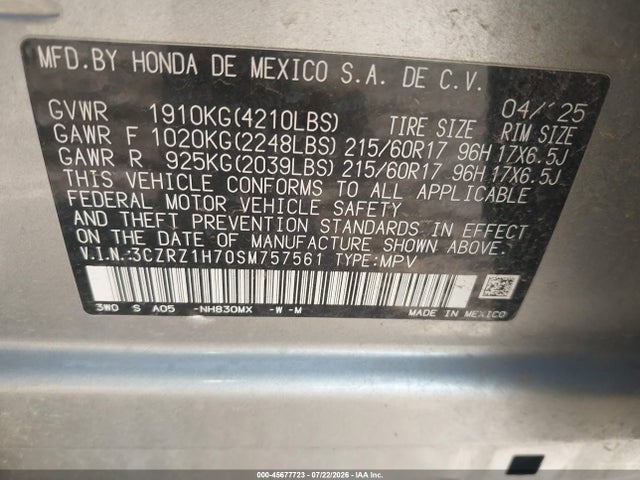 Aukcja sprzedaży 2025 Honda Hr-v 2wd Ex-l, vin: 3CZRZ1H70SM757561, numer aukcji: 45677723