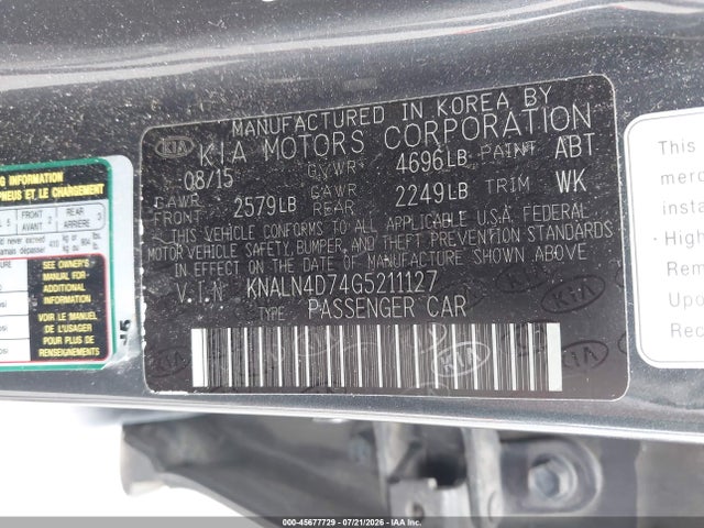 Продаж на аукціоні авто 2016 Kia Cadenza Premium, vin: KNALN4D74G5211127, номер лоту: 45677729
