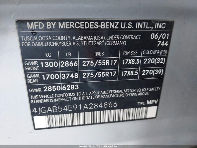 45677730 :رقم المزاد ، 4JGAB54E91A284866 vin ، 2001 Mercedes-benz Ml 320 مزاد بيع
