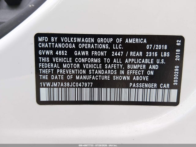 2018 Volkswagen Passat 3.6l V6 Gt მანქანა იყიდება აუქციონზე, vin: 1VWJM7A38JC047977, აუქციონის ნომერი: 45677733