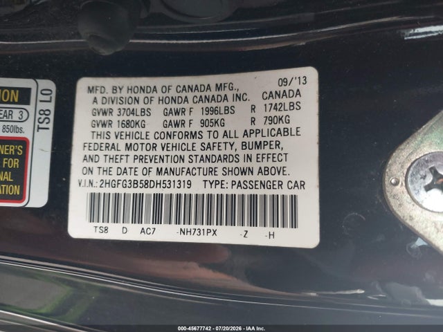 Продаж на аукціоні авто 2013 Honda Civic Lx, vin: 2HGFG3B58DH531319, номер лоту: 45677742