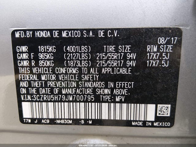 2018 Honda Hr-v Ex-l მანქანა იყიდება აუქციონზე, vin: 3CZRU5H79JM700795, აუქციონის ნომერი: 45677757