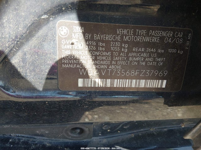 45677778 :رقم المزاد ، WBAVT73568FZ37969 vin ، 2008 Bmw 328xi مزاد بيع