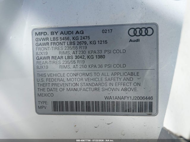 Aukcja sprzedaży 2018 Audi Q5 2.0t Premium/2.0t Tech Premium, vin: WA1ANAFY1J2006446, numer aukcji: 45677790