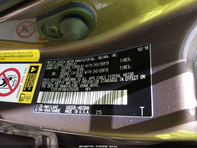 2019 Toyota Highlander Limited მანქანა იყიდება აუქციონზე, vin: 5TDYZRFH8KS294595, აუქციონის ნომერი: 45677791