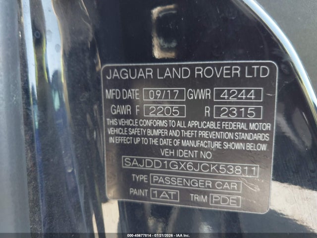 Aukcja sprzedaży 2018 Jaguar F-type 296hp, vin: SAJDD1GX6JCK53811, numer aukcji: 45677814