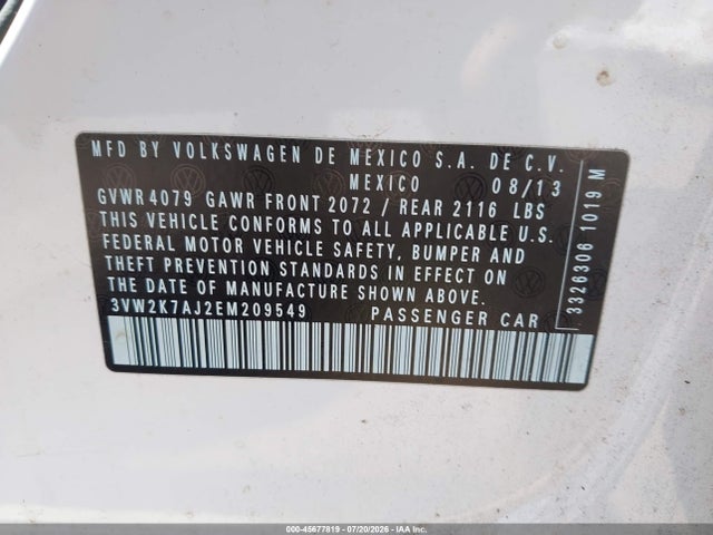 45677819 :رقم المزاد ، 3VW2K7AJ2EM209549 vin ، 2014 Volkswagen Jetta 2.0l S مزاد بيع