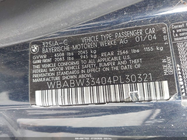 Продаж на аукціоні авто 2004 Bmw 325ci, vin: WBABW33404PL30321, номер лоту: 45677822