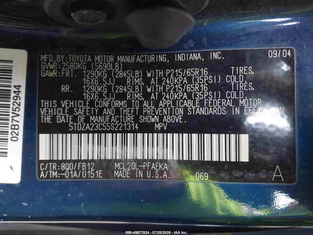2005 Toyota Sienna Le მანქანა იყიდება აუქციონზე, vin: 5TDZA23C55S221314, აუქციონის ნომერი: 45677824