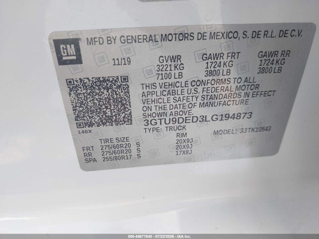 45677840 :رقم المزاد ، 3GTU9DED3LG194873 vin ، 2020 Gmc Sierra 1500 4wd  Short Box Slt مزاد بيع