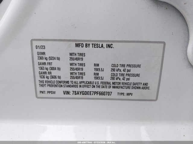 Aukcja sprzedaży 2023 Tesla Model Y Awd/long Range Dual Motor All-wheel Drive, vin: 7SAYGDEE7PF660707, numer aukcji: 45677844