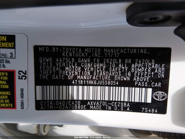 4T1B11HK6JU558054 Toyota CAMRY SE