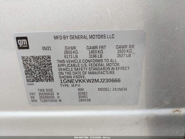 45677869 :رقم المزاد ، 1GNEVKKW2MJ230666 vin ، 2021 Chevrolet Traverse Awd Premier مزاد بيع