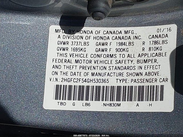 Honda Civic Lx 2016 2HGFC2F54GH530365 Image 9