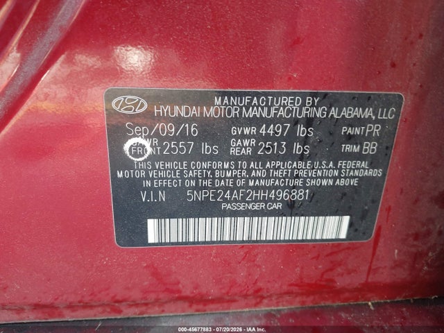 Aukcja sprzedaży 2017 Hyundai Sonata Se, vin: 5NPE24AF2HH496881, numer aukcji: 45677883