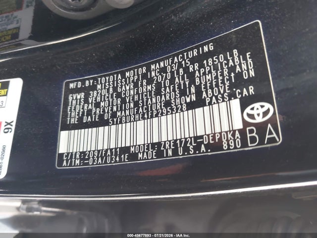 Toyota COROLLA L 2015 5YFBURHE4FP295328 Image 9