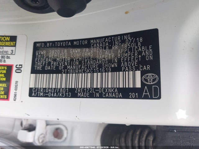 2019 Toyota Corolla Le მანქანა იყიდება აუქციონზე, vin: 2T1BURHE5KC151619, აუქციონის ნომერი: 45677946