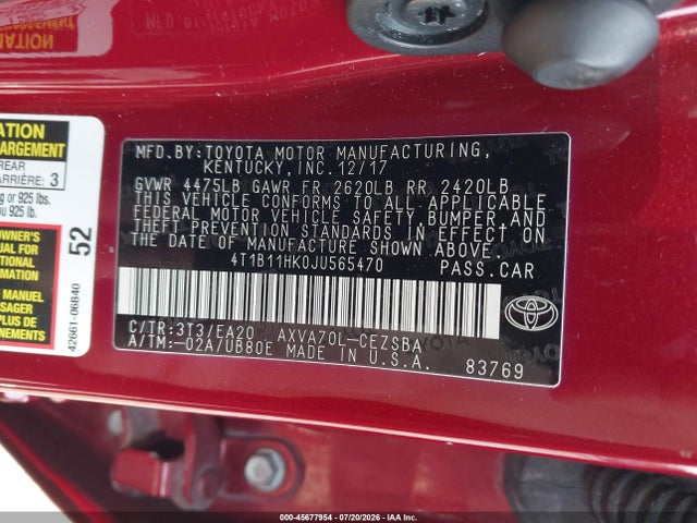 2018 Toyota Camry Se მანქანა იყიდება აუქციონზე, vin: 4T1B11HK0JU565470, აუქციონის ნომერი: 45677954