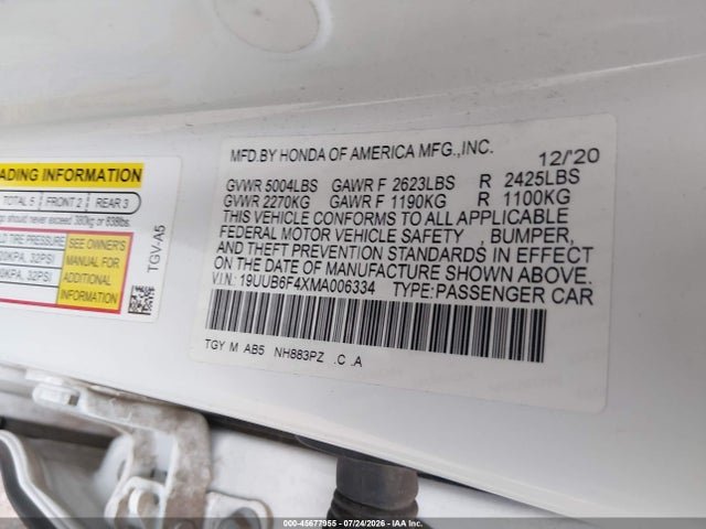Aukcja sprzedaży 2021 Acura Tlx Technology Package, vin: 19UUB6F4XMA006334, numer aukcji: 45677955