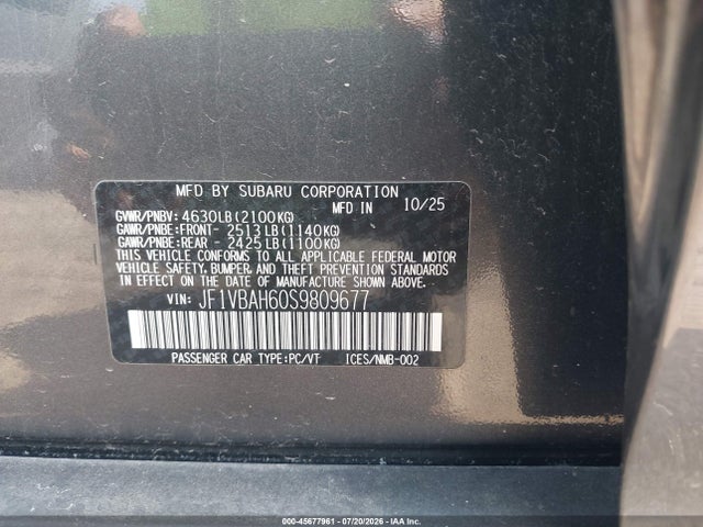 Aukcja sprzedaży 2025 Subaru Wrx Premium, vin: JF1VBAH60S9809677, numer aukcji: 45677961