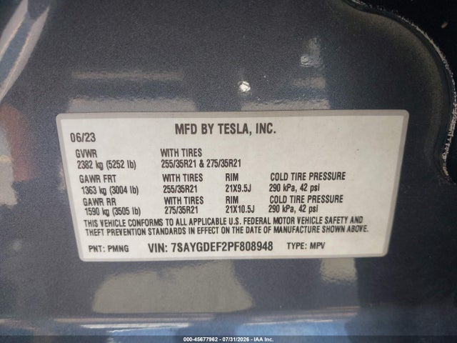 Aukcja sprzedaży 2023 Tesla Model Y Performance Dual Motor All-wheel Drive, vin: 7SAYGDEF2PF808948, numer aukcji: 45677962