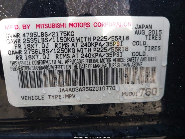 2016 Mitsubishi Outlander Se მანქანა იყიდება აუქციონზე, vin: JA4AD3A35GZ010770, აუქციონის ნომერი: 45677981