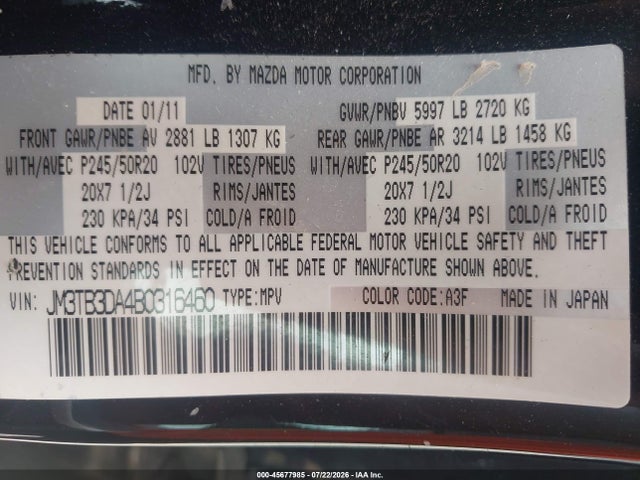 45677985 :رقم المزاد ، JM3TB3DA4B0316460 vin ، 2011 Mazda Cx-9 Grand Touring مزاد بيع