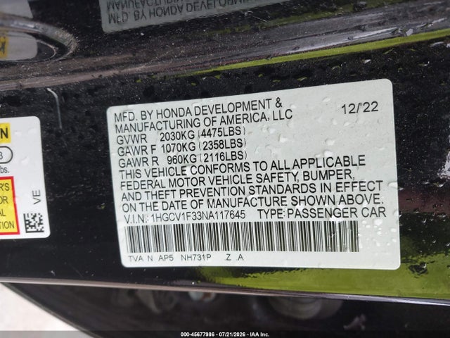 2022 Honda Accord Sport მანქანა იყიდება აუქციონზე, vin: 1HGCV1F33NA117645, აუქციონის ნომერი: 45677986