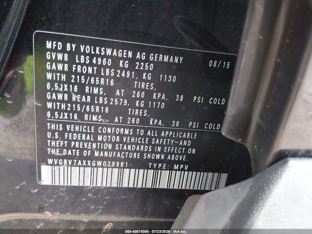45678006 :رقم المزاد ، WVGBV7AXXGW029961 vin ، 2016 Volkswagen Tiguan S مزاد بيع