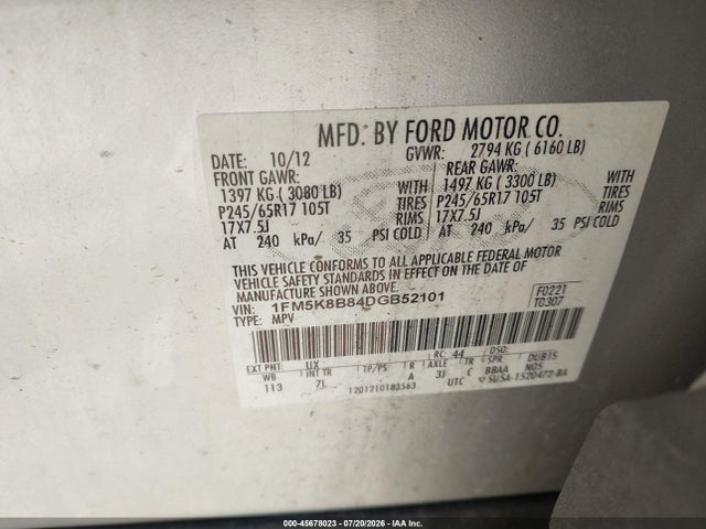 45678023 :رقم المزاد ، 1FM5K8B84DGB52101 vin ، 2013 Ford Explorer مزاد بيع