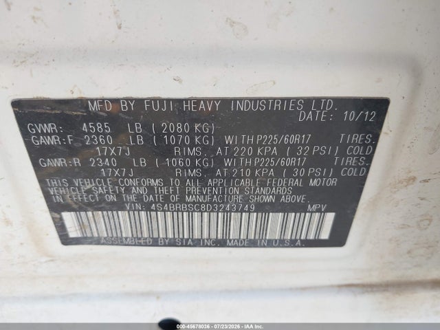 2013 Subaru Outback 2.5i Limited მანქანა იყიდება აუქციონზე, vin: 4S4BRBSC8D3243749, აუქციონის ნომერი: 45678036