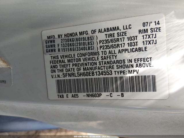 Honda Odyssey Ex-l 2014 5FNRL5H60EB134553 Image 9