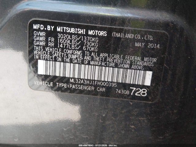 Продажа на аукционе авто 2015 Mitsubishi Mirage De/rf, vin: ML32A3HJ1FH000395, номер лота: 45678043