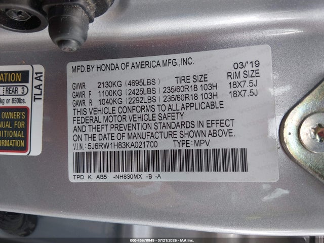 2019 Honda Cr-v Ex-l მანქანა იყიდება აუქციონზე, vin: 5J6RW1H83KA021700, აუქციონის ნომერი: 45678049