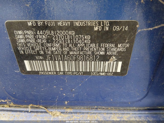 45678065 :رقم المزاد ، JF1VA1A60F9816812 vin ، 2015 Subaru Wrx مزاد بيع