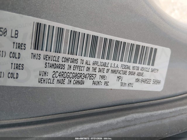 45678072 :رقم المزاد ، 2C4RDGCG0GR347857 vin ، 2016 Dodge Grand Caravan Sxt مزاد بيع