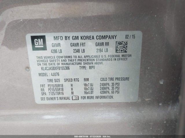 2015 Buick Encore მანქანა იყიდება აუქციონზე, vin: KL4CJASBXFB155306, აუქციონის ნომერი: 45678106