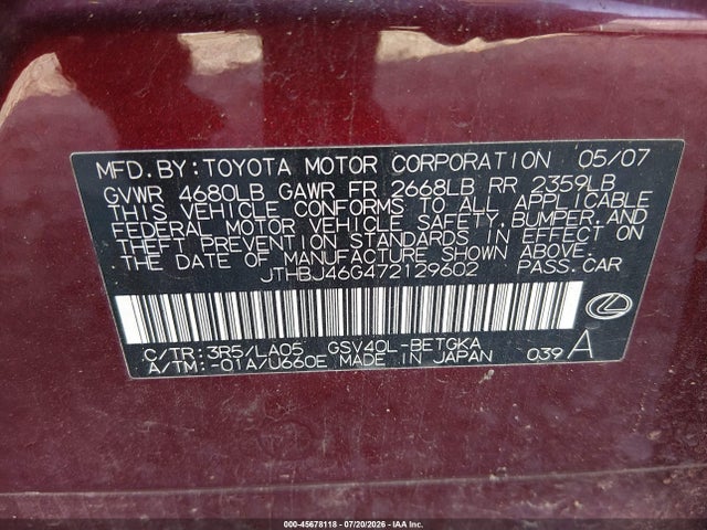 2007 Lexus Es 350 მანქანა იყიდება აუქციონზე, vin: JTHBJ46G472129602, აუქციონის ნომერი: 45678118