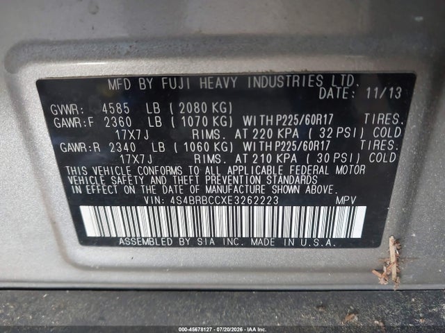 2014 Subaru Outback 2.5i Premium მანქანა იყიდება აუქციონზე, vin: 4S4BRBCCXE3262223, აუქციონის ნომერი: 45678127