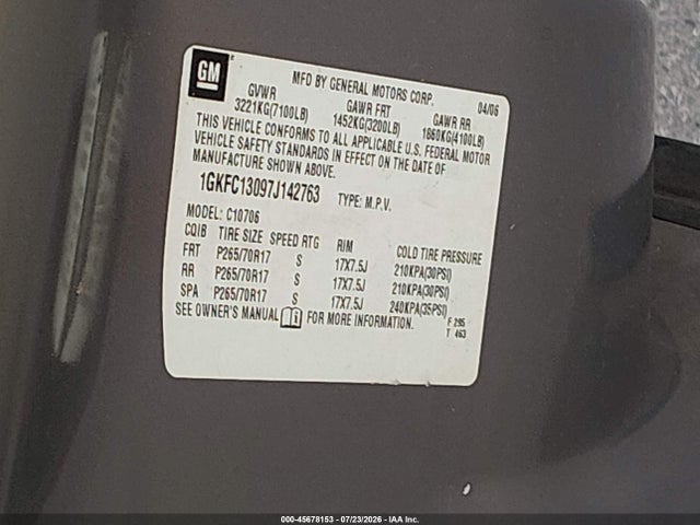 45678153 :رقم المزاد ، 1GKFC13097J142763 vin ، 2007 Gmc Yukon Commercial مزاد بيع