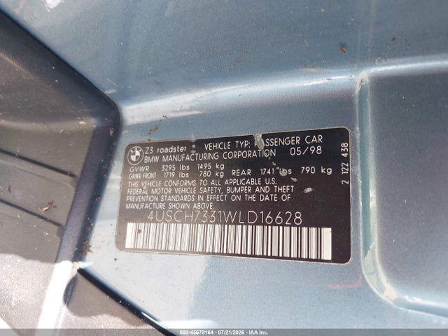 45678164 :رقم المزاد ، 4USCH7331WLD16628 vin ، 1998 Bmw Z3 1.9 مزاد بيع