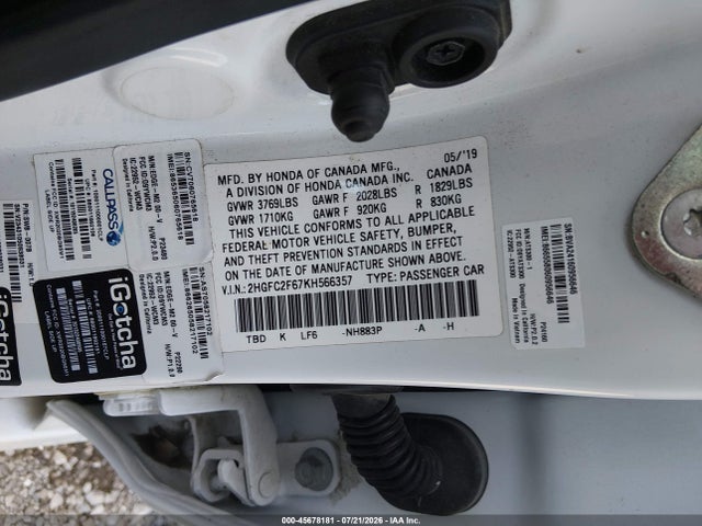 45678181 :رقم المزاد ، 2HGFC2F67KH566357 vin ، 2019 Honda Civic Lx مزاد بيع