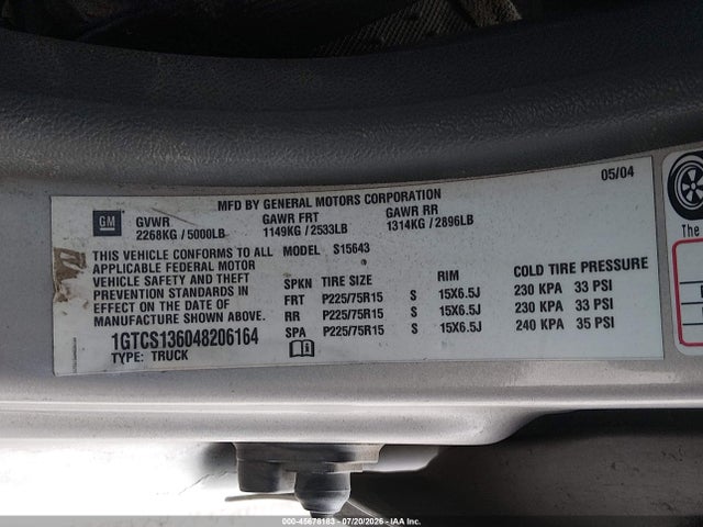 2004 Gmc Canyon Sle მანქანა იყიდება აუქციონზე, vin: 1GTCS136048206164, აუქციონის ნომერი: 45678183