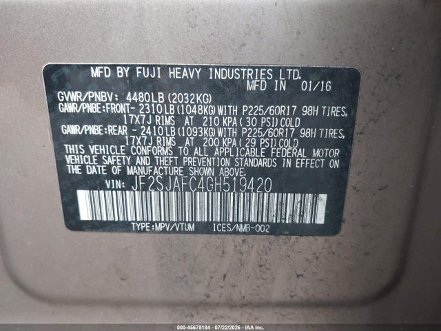 Продажа на аукционе авто 2016 Subaru Forester 2.5i Premium, vin: JF2SJAFC4GH519420, номер лота: 45678184