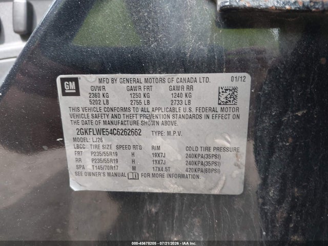 Aukcja sprzedaży 2012 Gmc Terrain Slt-2, vin: 2GKFLWE54C6262662, numer aukcji: 45678205