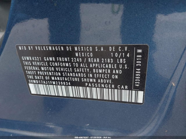 Продажа на аукционе авто 2015 Volkswagen Jetta 1.8t Se, vin: 3VWD17AJ1FM239834, номер лота: 45678207