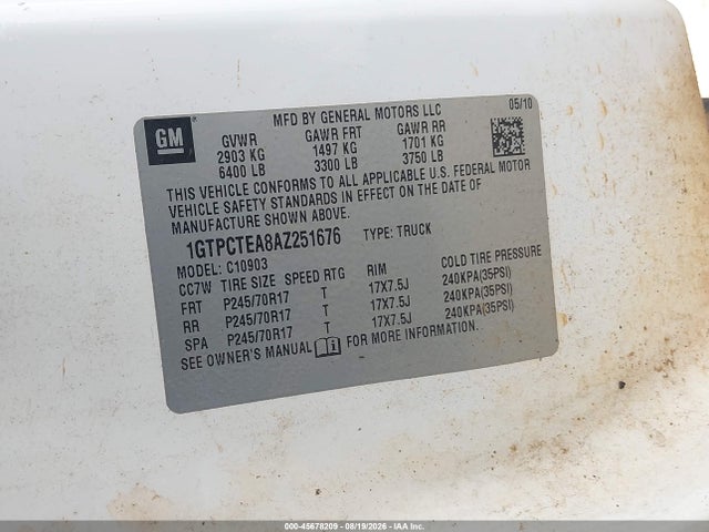 2010 Gmc Sierra 1500 Work Truck მანქანა იყიდება აუქციონზე, vin: 1GTPCTEA8AZ251676, აუქციონის ნომერი: 45678209