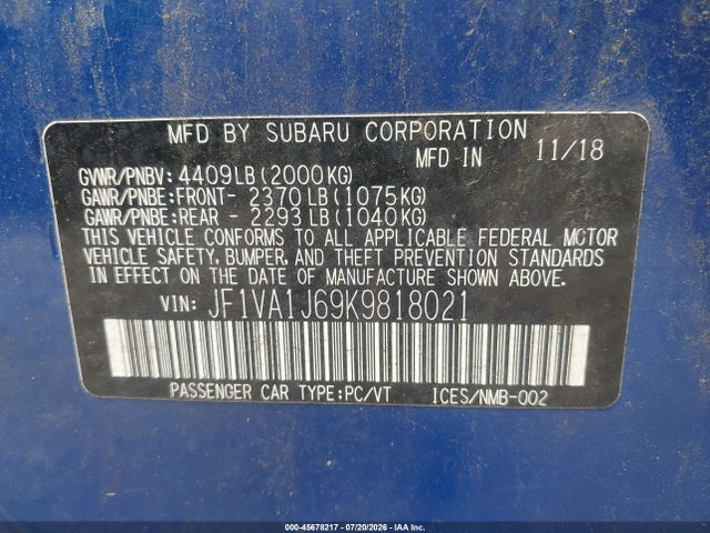 45678217 :رقم المزاد ، JF1VA1J69K9818021 vin ، 2019 Subaru Wrx Limited مزاد بيع